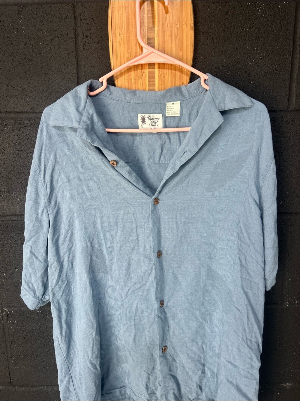 Vintage Style Light Blue Short-Sleeve Silk Shirt Button Up - Lightweight